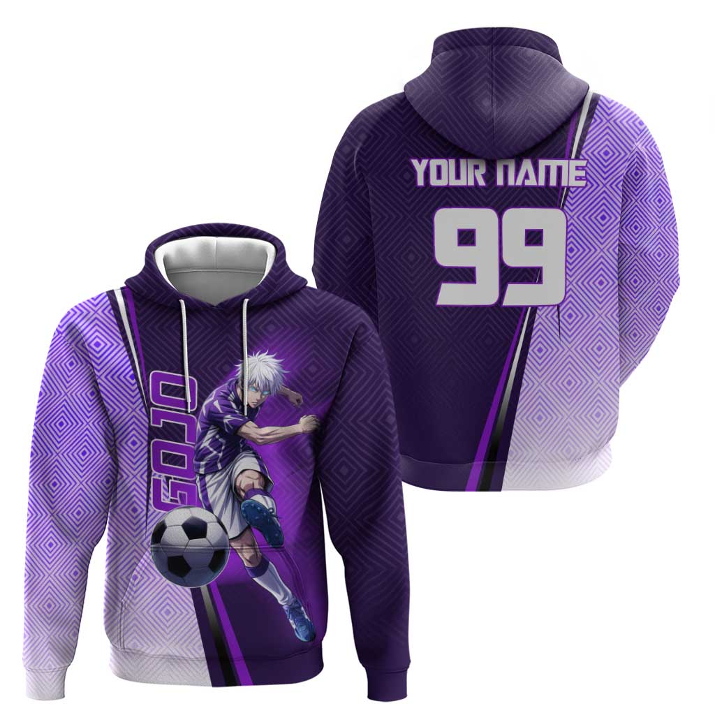 Personalized Gojo Satoru Jujutsu Kaisen Soccer Theme Hoodie with Kicking Pose and Purple Gradient Geometric Graphic Design - The Mazicc