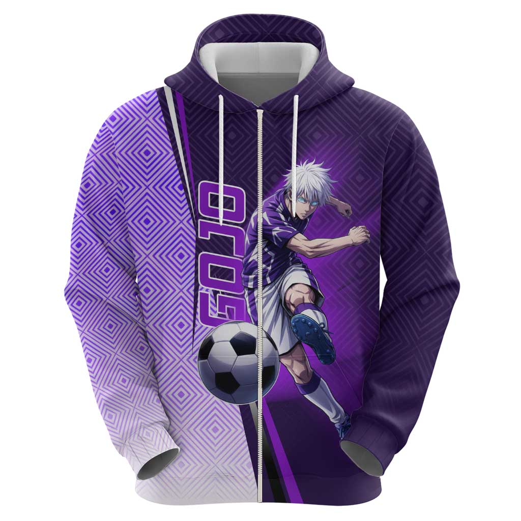 Personalized Gojo Satoru Jujutsu Kaisen Soccer Theme Hoodie with Kicking Pose and Purple Gradient Geometric Graphic Design - The Mazicc