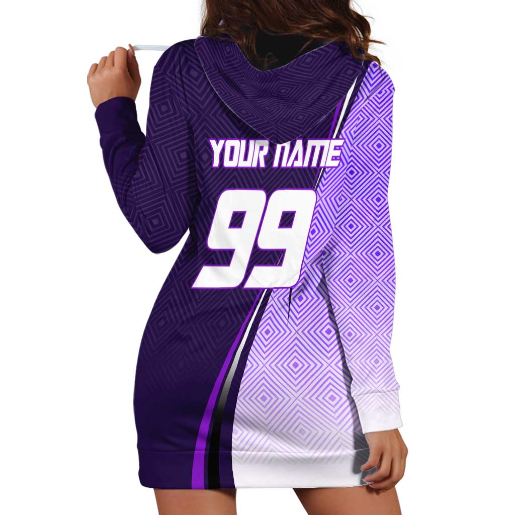 Personalized Gojo Satoru Jujutsu Kaisen Soccer Theme Hoodie Dress with Kicking Pose and Purple Gradient Geometric Graphic Design - The Mazicc