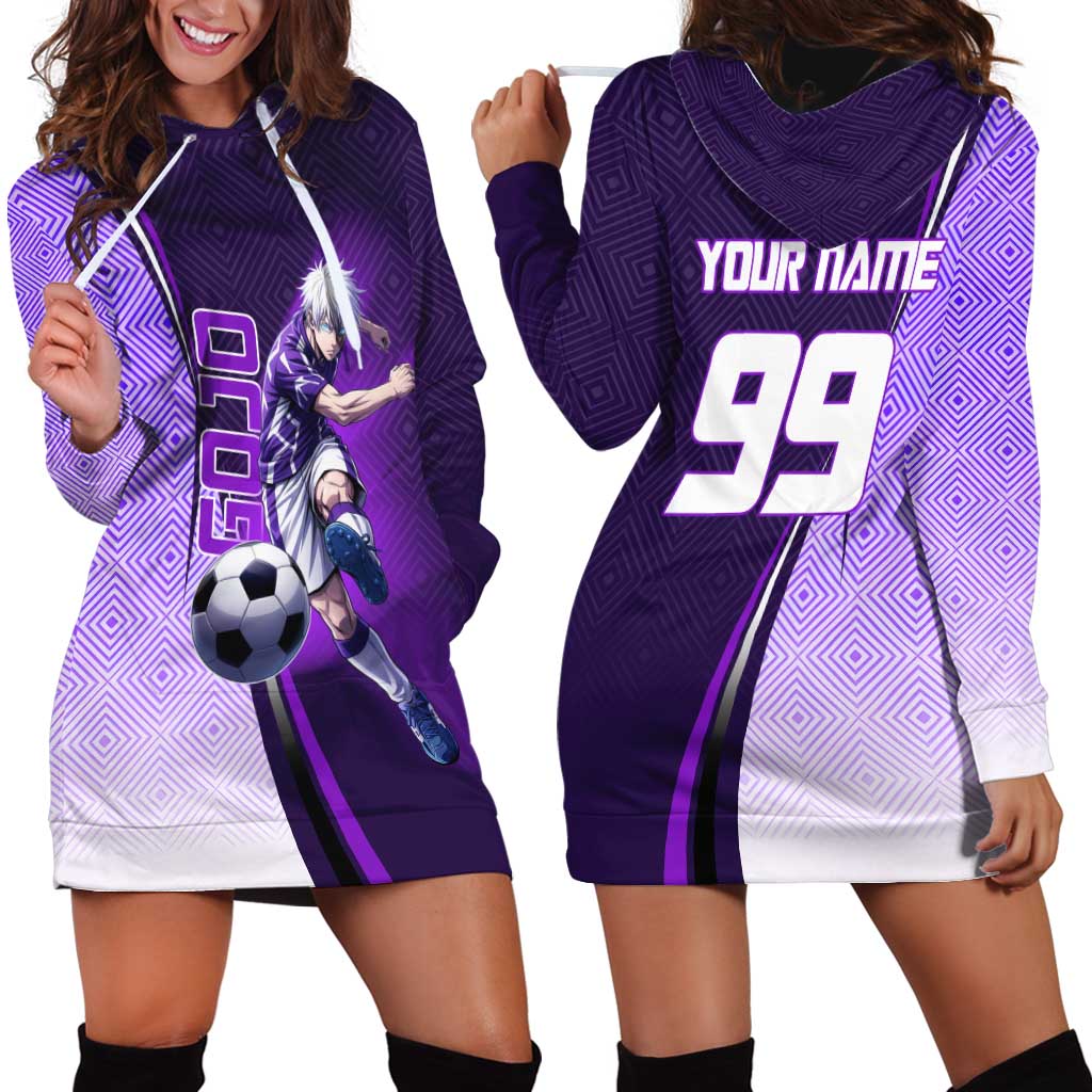 Personalized Gojo Satoru Jujutsu Kaisen Soccer Theme Hoodie Dress with Kicking Pose and Purple Gradient Geometric Graphic Design - The Mazicc