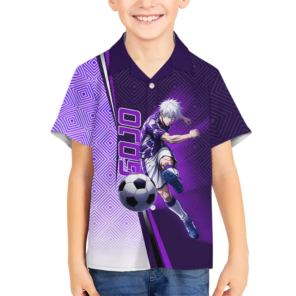 Personalized Gojo Satoru Jujutsu Kaisen Soccer Theme Kid Hawaiian Shirt with Kicking Pose and Purple Gradient Geometric Graphic Design - The Mazicc
