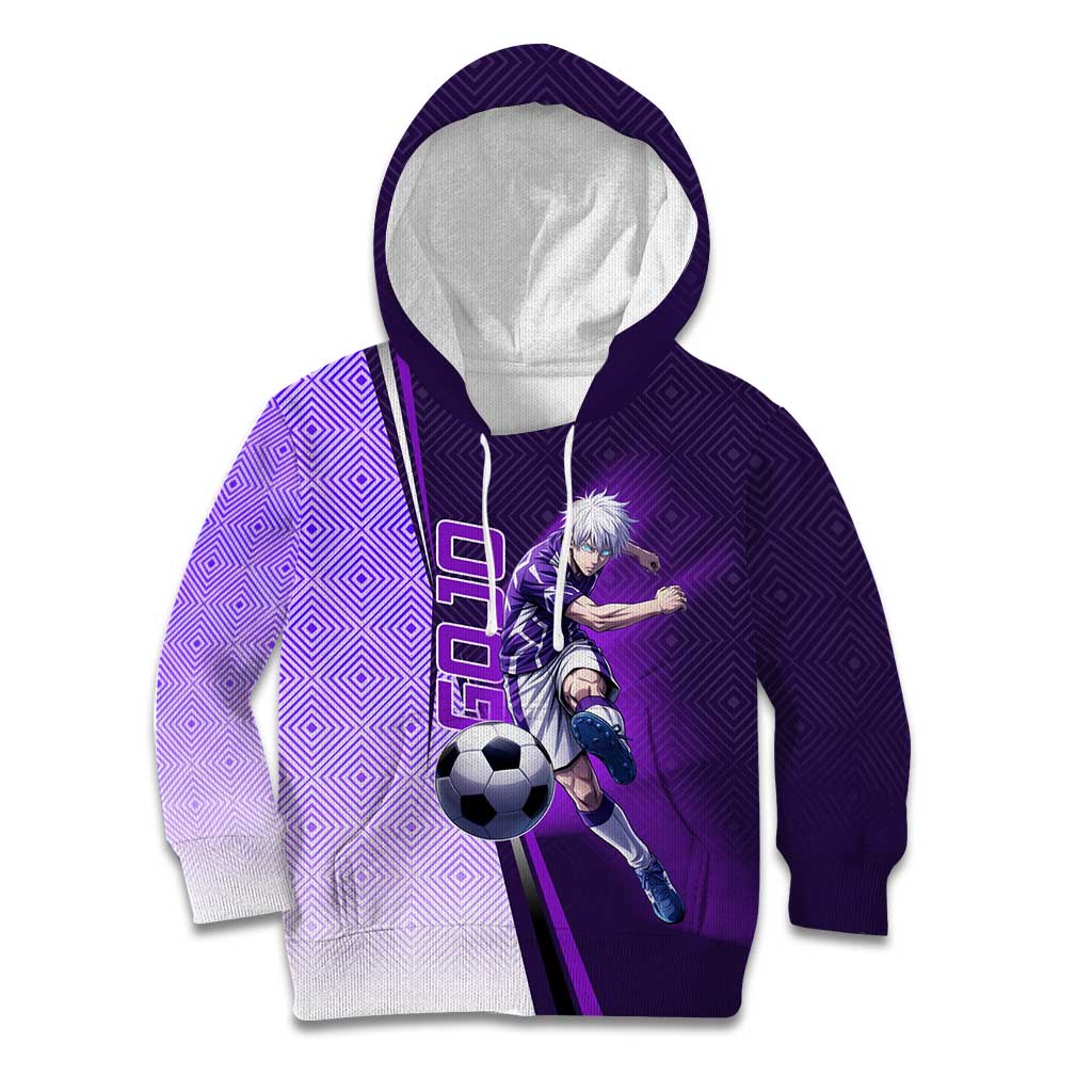 Personalized Gojo Satoru Jujutsu Kaisen Soccer Theme Kid Hoodie with Kicking Pose and Purple Gradient Geometric Graphic Design - The Mazicc