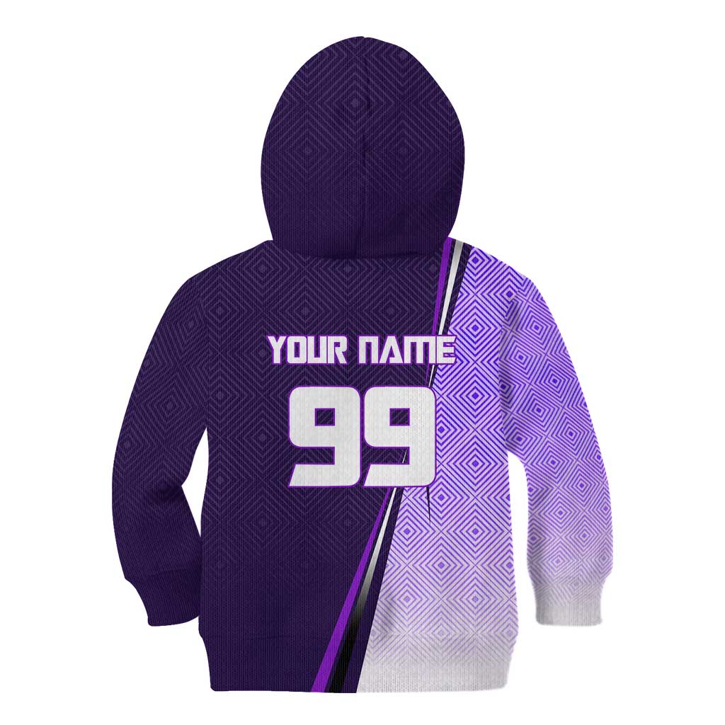 Personalized Gojo Satoru Jujutsu Kaisen Soccer Theme Kid Hoodie with Kicking Pose and Purple Gradient Geometric Graphic Design - The Mazicc