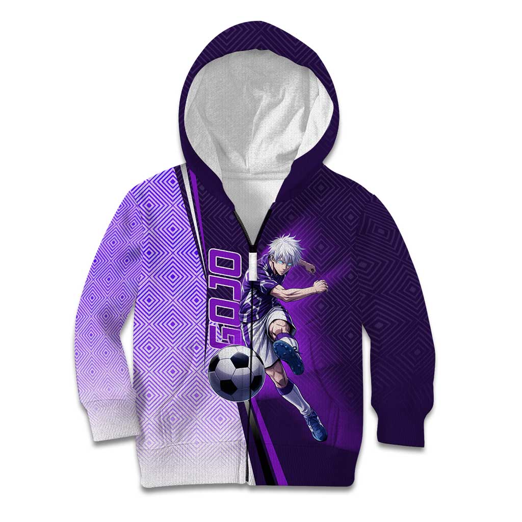 Personalized Gojo Satoru Jujutsu Kaisen Soccer Theme Kid Hoodie with Kicking Pose and Purple Gradient Geometric Graphic Design - The Mazicc