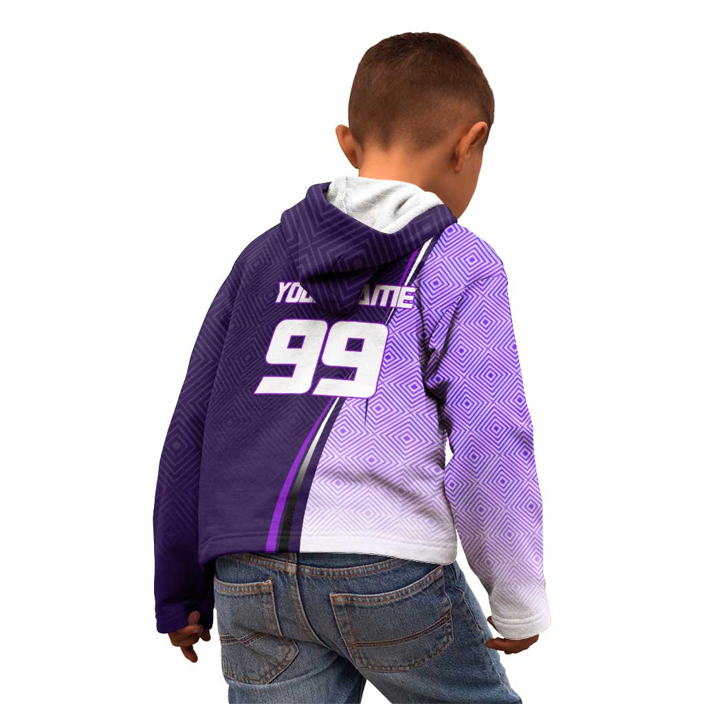 Personalized Gojo Satoru Jujutsu Kaisen Soccer Theme Kid Hoodie with Kicking Pose and Purple Gradient Geometric Graphic Design - The Mazicc