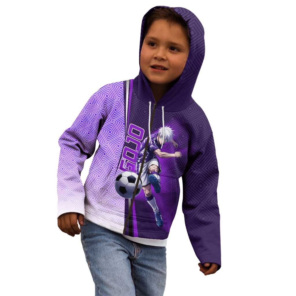 Personalized Gojo Satoru Jujutsu Kaisen Soccer Theme Kid Hoodie with Kicking Pose and Purple Gradient Geometric Graphic Design - The Mazicc