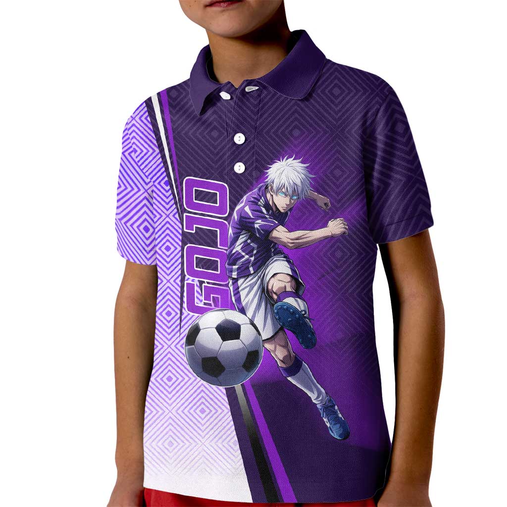 Personalized Gojo Satoru Jujutsu Kaisen Soccer Theme Kid Polo Shirt with Kicking Pose and Purple Gradient Geometric Graphic Design - The Mazicc