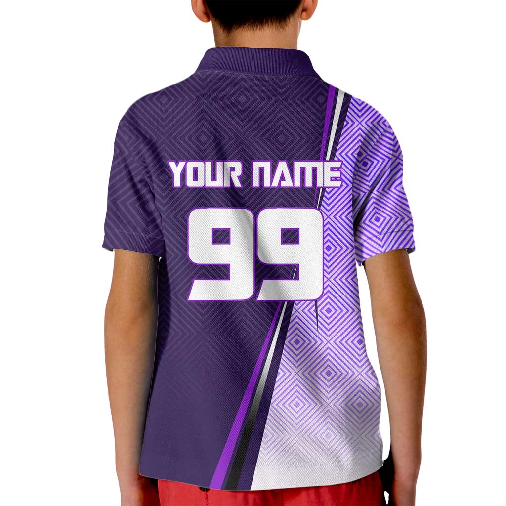 Personalized Gojo Satoru Jujutsu Kaisen Soccer Theme Kid Polo Shirt with Kicking Pose and Purple Gradient Geometric Graphic Design - The Mazicc