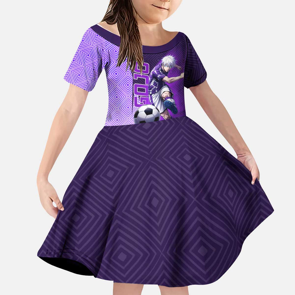 Personalized Gojo Satoru Jujutsu Kaisen Soccer Theme Kid Short Sleeve Dress with Kicking Pose and Purple Gradient Geometric Graphic Design - The Mazicc