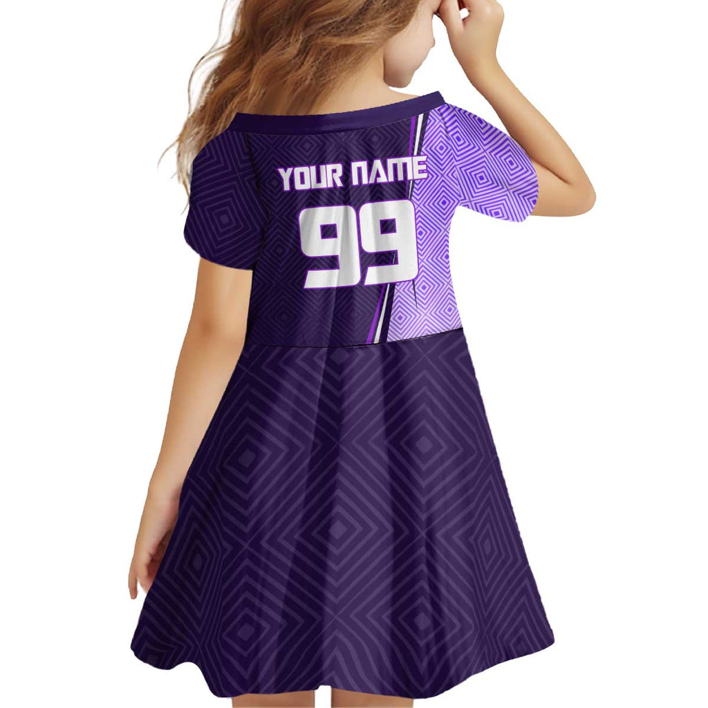 Personalized Gojo Satoru Jujutsu Kaisen Soccer Theme Kid Short Sleeve Dress with Kicking Pose and Purple Gradient Geometric Graphic Design - The Mazicc