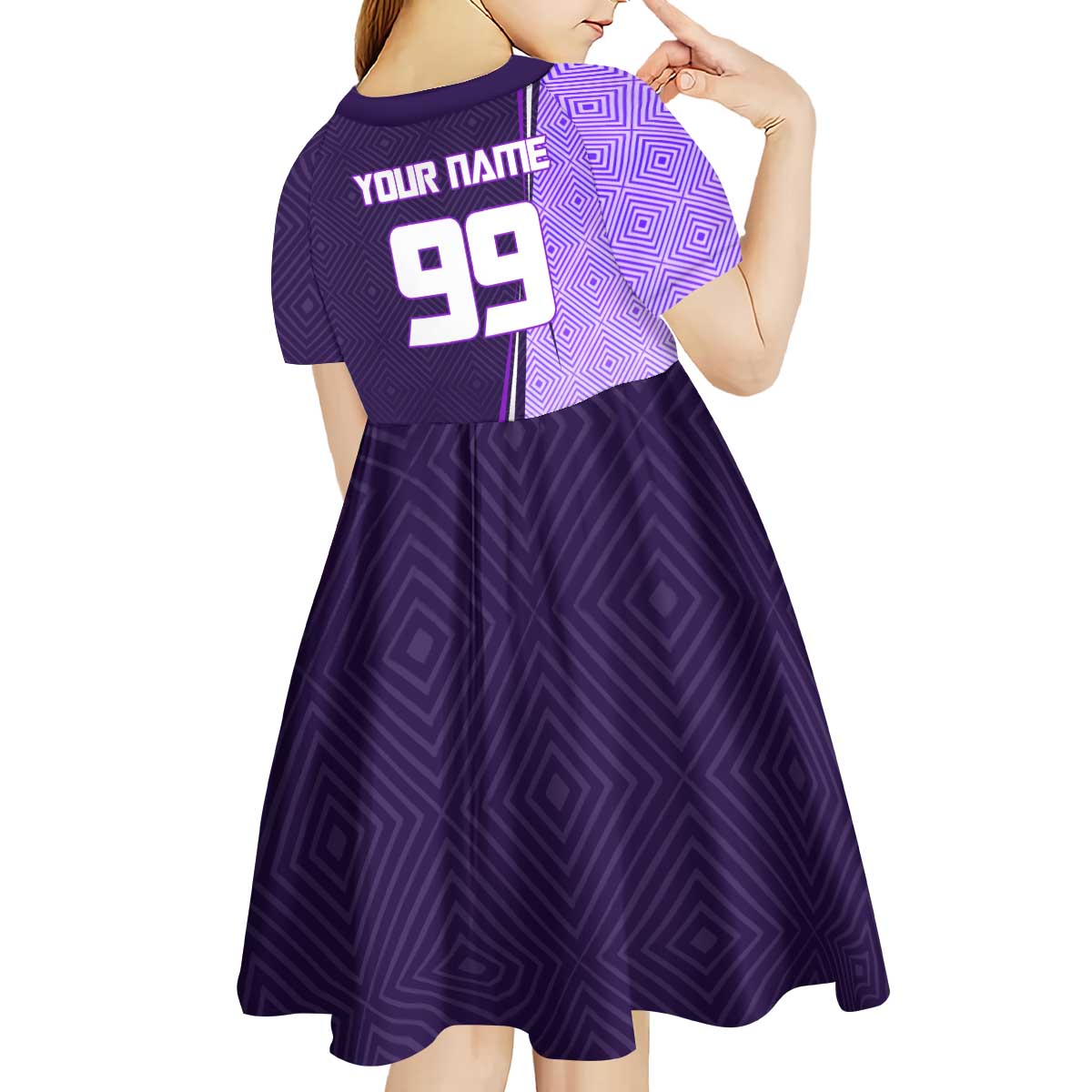 Personalized Gojo Satoru Jujutsu Kaisen Soccer Theme Kid Short Sleeve Dress with Kicking Pose and Purple Gradient Geometric Graphic Design - The Mazicc