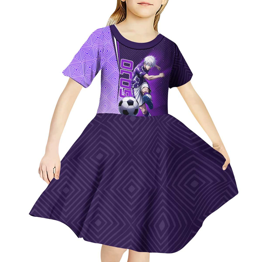 Personalized Gojo Satoru Jujutsu Kaisen Soccer Theme Kid Short Sleeve Dress with Kicking Pose and Purple Gradient Geometric Graphic Design - The Mazicc