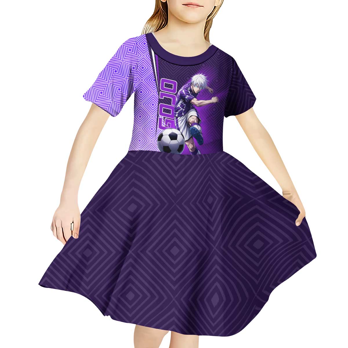 Personalized Gojo Satoru Jujutsu Kaisen Soccer Theme Kid Short Sleeve Dress with Kicking Pose and Purple Gradient Geometric Graphic Design - The Mazicc