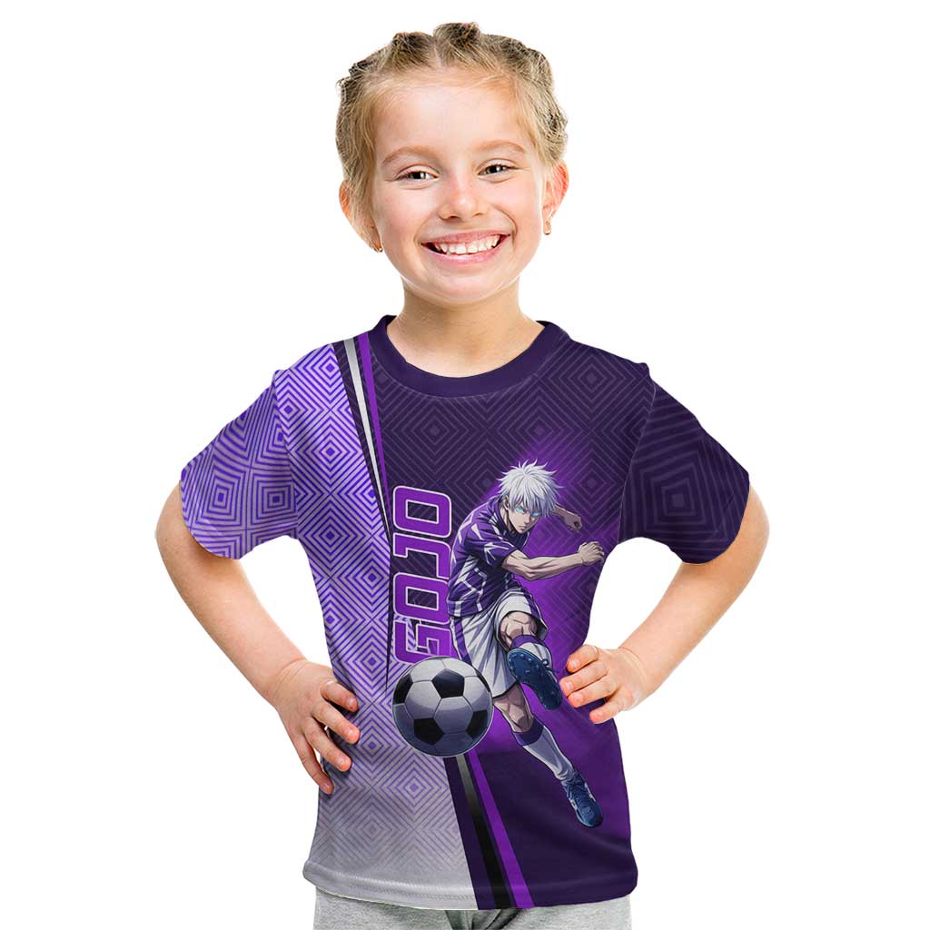 Personalized Gojo Satoru Jujutsu Kaisen Soccer Theme Kid T Shirt with Kicking Pose and Purple Gradient Geometric Graphic Design - The Mazicc