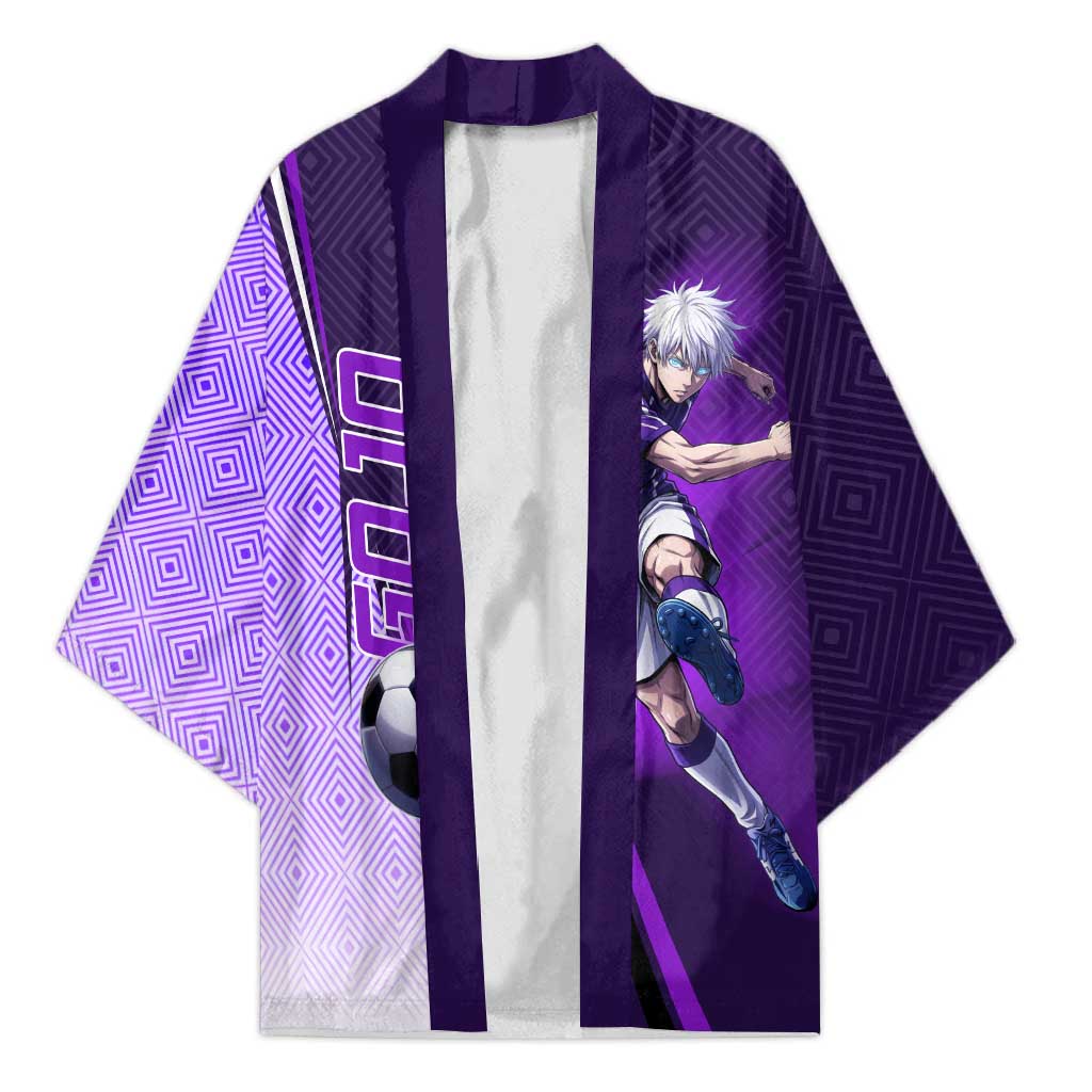 Personalized Gojo Satoru Jujutsu Kaisen Soccer Theme Kimono with Kicking Pose and Purple Gradient Geometric Graphic Design - The Mazicc