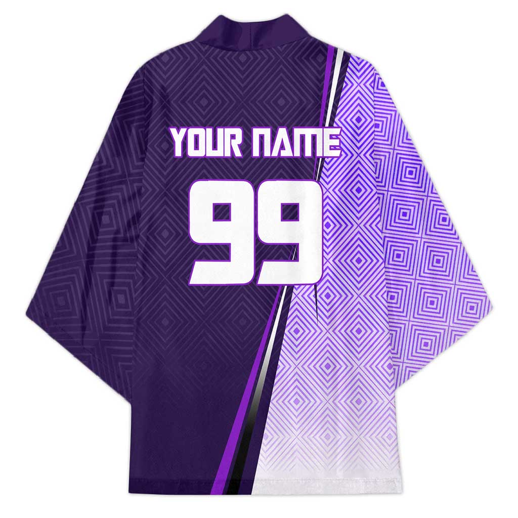 Personalized Gojo Satoru Jujutsu Kaisen Soccer Theme Kimono with Kicking Pose and Purple Gradient Geometric Graphic Design - The Mazicc