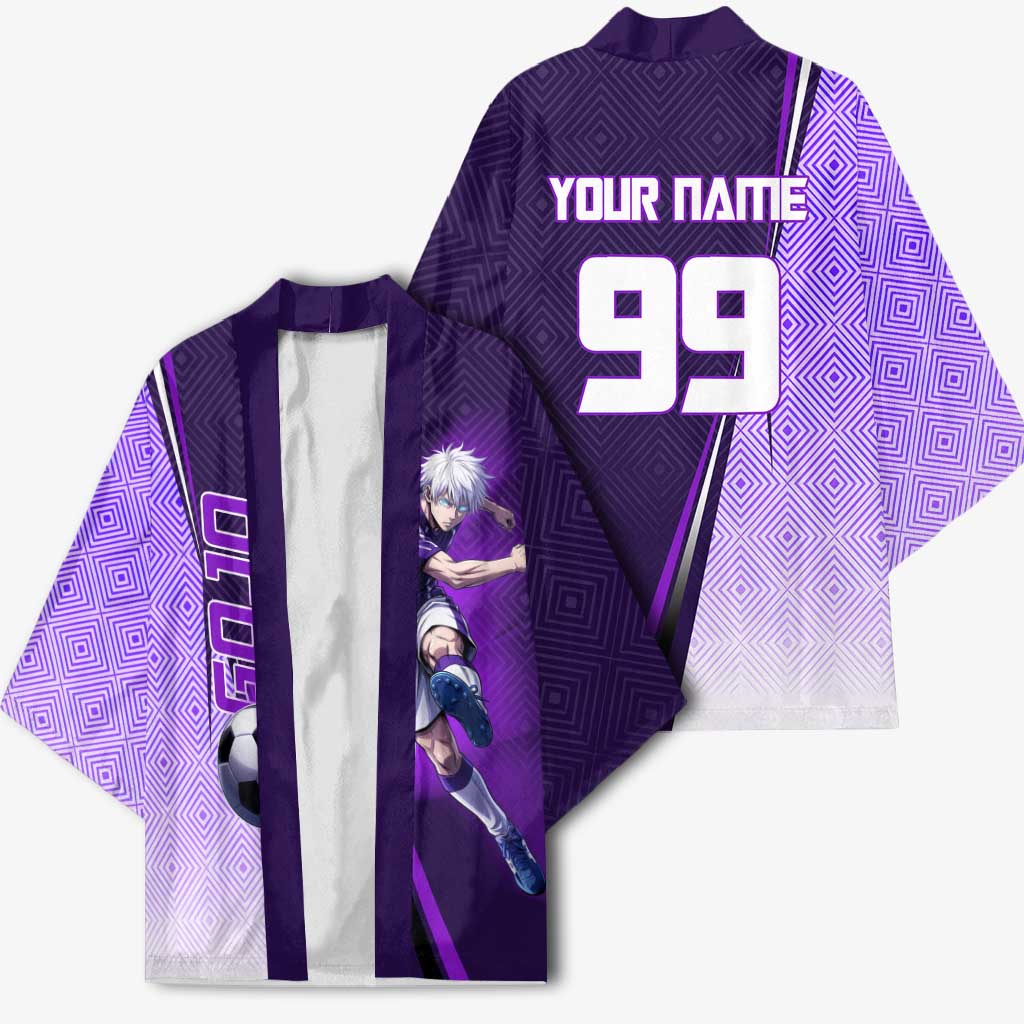 Personalized Gojo Satoru Jujutsu Kaisen Soccer Theme Kimono with Kicking Pose and Purple Gradient Geometric Graphic Design - The Mazicc