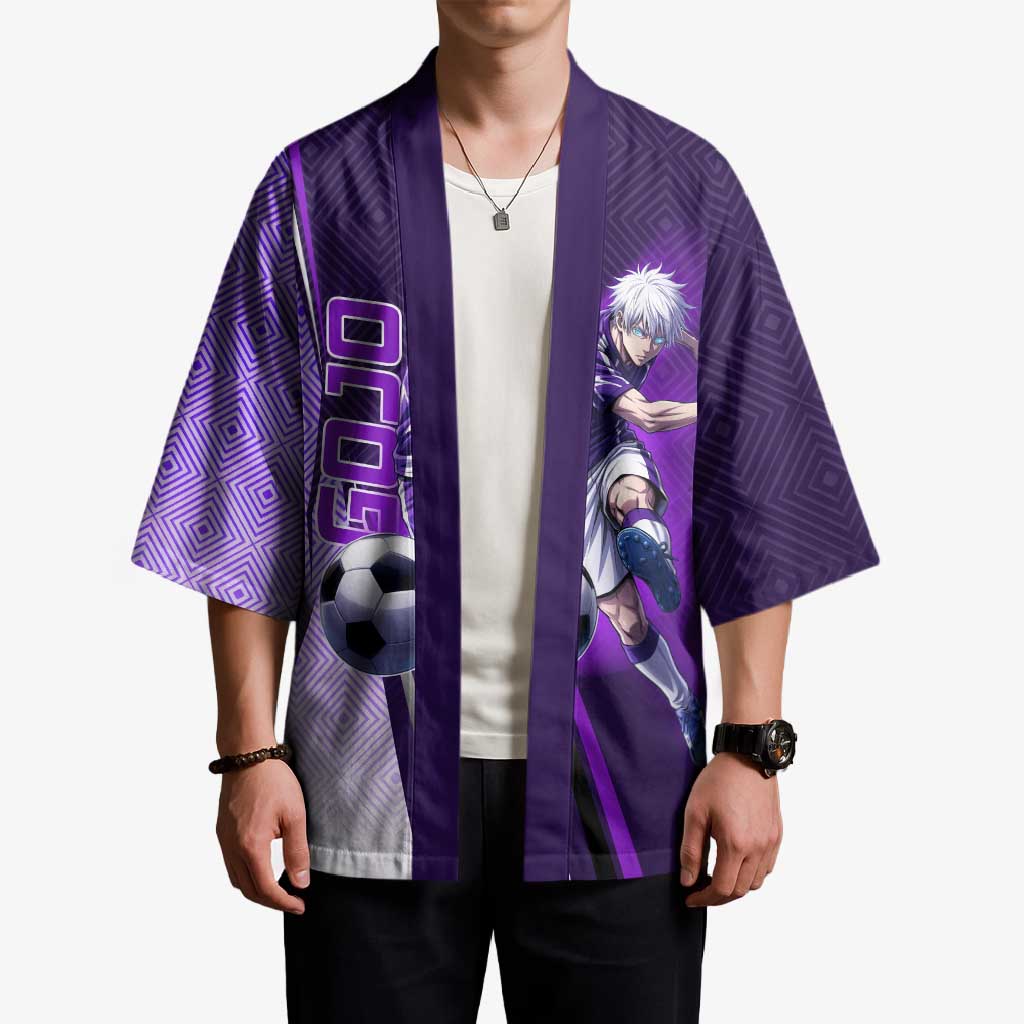 Personalized Gojo Satoru Jujutsu Kaisen Soccer Theme Kimono with Kicking Pose and Purple Gradient Geometric Graphic Design - The Mazicc