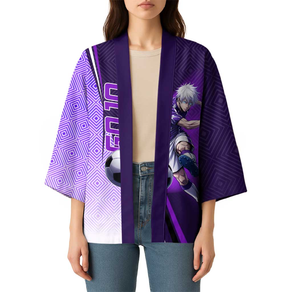 Personalized Gojo Satoru Jujutsu Kaisen Soccer Theme Kimono with Kicking Pose and Purple Gradient Geometric Graphic Design - The Mazicc