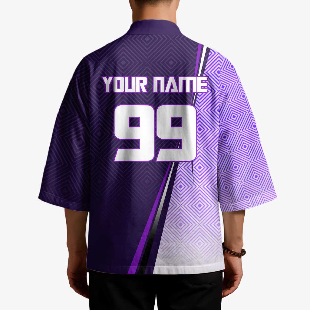 Personalized Gojo Satoru Jujutsu Kaisen Soccer Theme Kimono with Kicking Pose and Purple Gradient Geometric Graphic Design - The Mazicc
