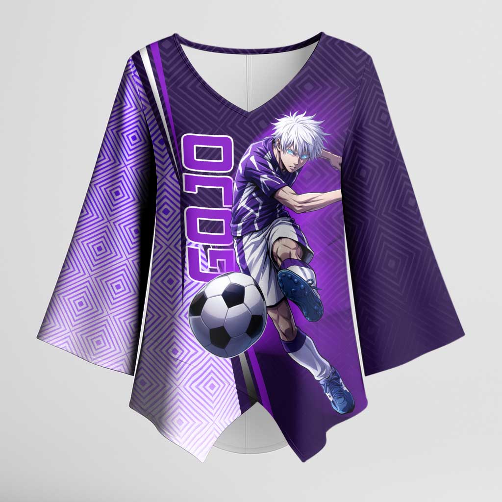 Personalized Gojo Satoru Jujutsu Kaisen Soccer Theme Kimono Sleeve Blouse with Kicking Pose and Purple Gradient Geometric Graphic Design - The Mazicc