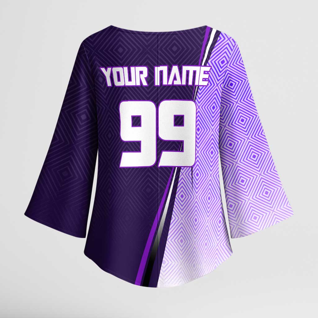 Personalized Gojo Satoru Jujutsu Kaisen Soccer Theme Kimono Sleeve Blouse with Kicking Pose and Purple Gradient Geometric Graphic Design - The Mazicc