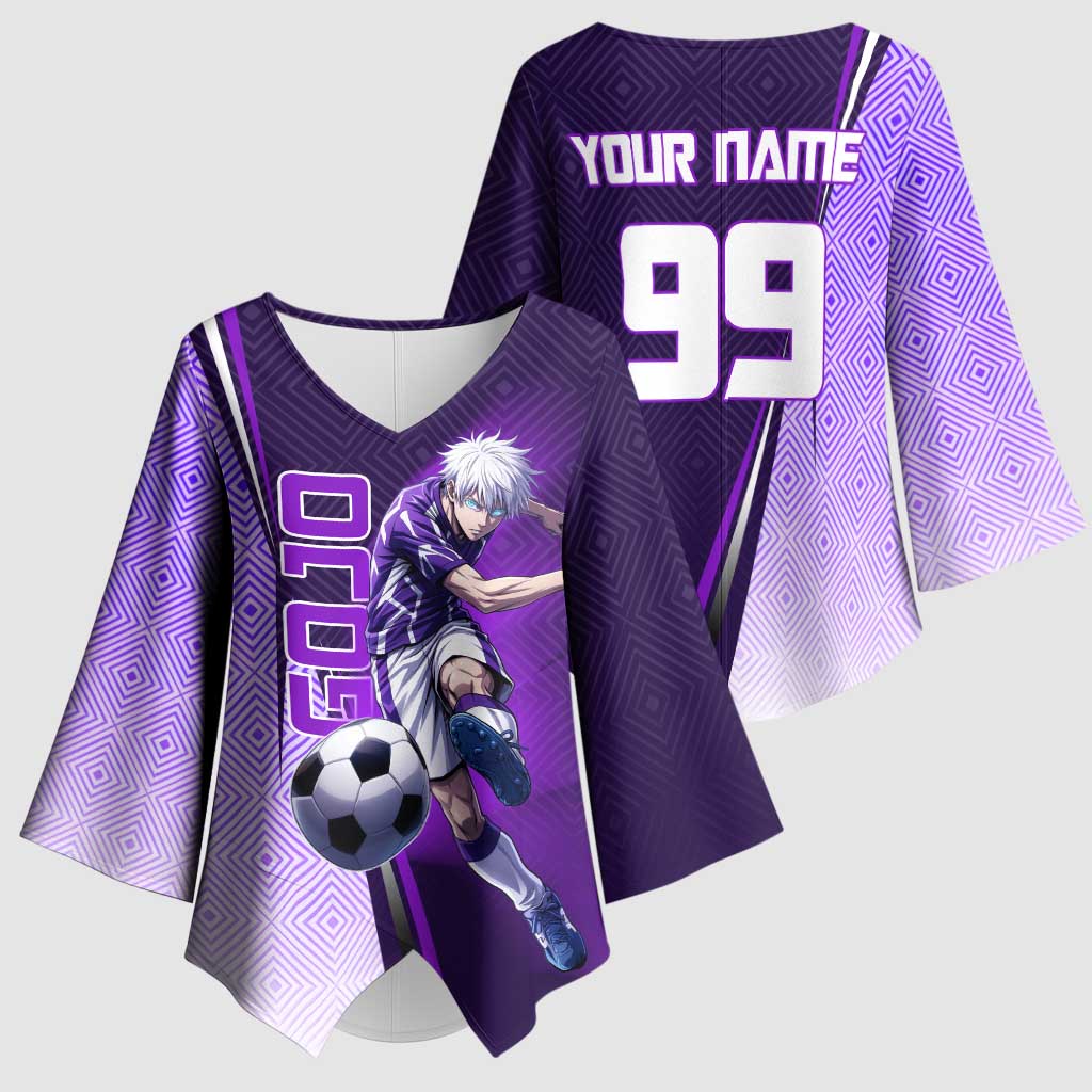 Personalized Gojo Satoru Jujutsu Kaisen Soccer Theme Kimono Sleeve Blouse with Kicking Pose and Purple Gradient Geometric Graphic Design - The Mazicc