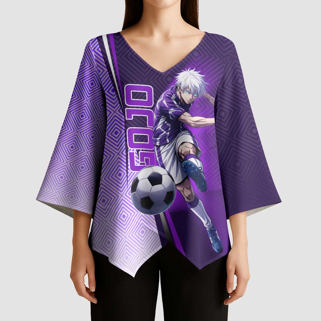 Personalized Gojo Satoru Jujutsu Kaisen Soccer Theme Kimono Sleeve Blouse with Kicking Pose and Purple Gradient Geometric Graphic Design - The Mazicc