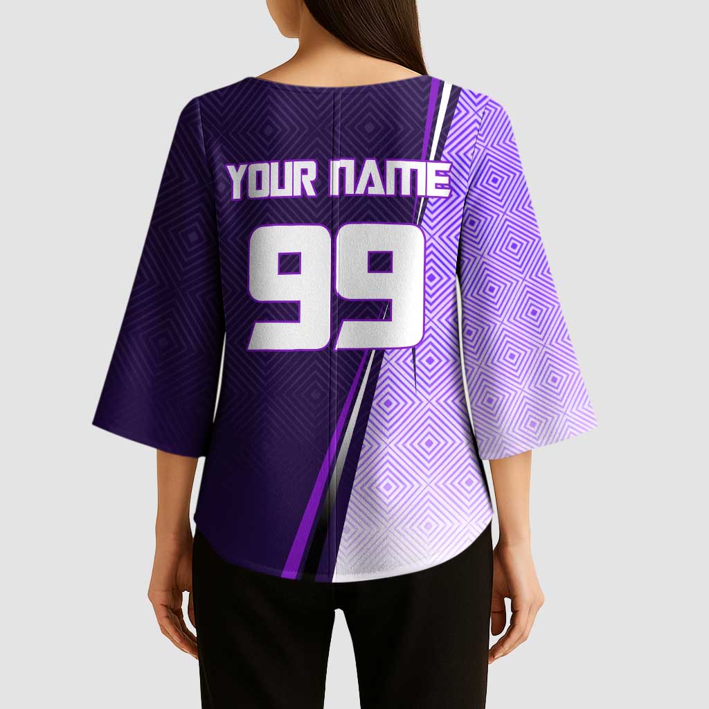 Personalized Gojo Satoru Jujutsu Kaisen Soccer Theme Kimono Sleeve Blouse with Kicking Pose and Purple Gradient Geometric Graphic Design - The Mazicc