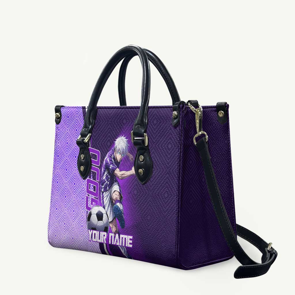 Personalized Gojo Satoru Jujutsu Kaisen Soccer Theme Leather Bag with Kicking Pose and Purple Gradient Geometric Graphic Design - The Mazicc