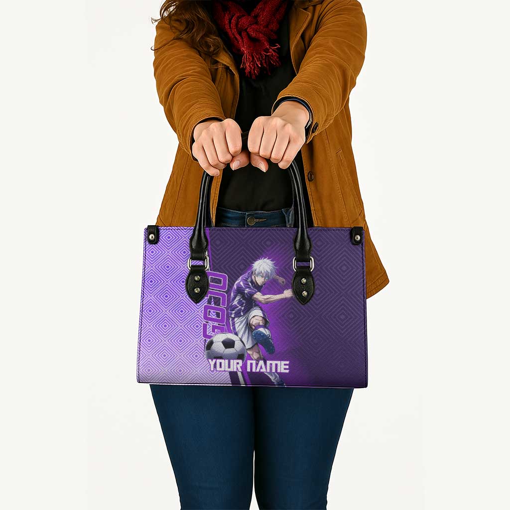 Personalized Gojo Satoru Jujutsu Kaisen Soccer Theme Leather Bag with Kicking Pose and Purple Gradient Geometric Graphic Design - The Mazicc