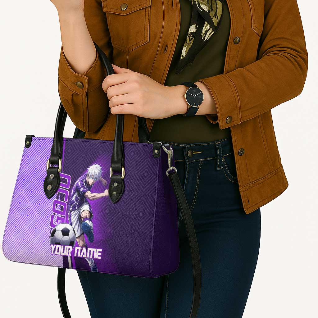 Personalized Gojo Satoru Jujutsu Kaisen Soccer Theme Leather Bag with Kicking Pose and Purple Gradient Geometric Graphic Design - The Mazicc