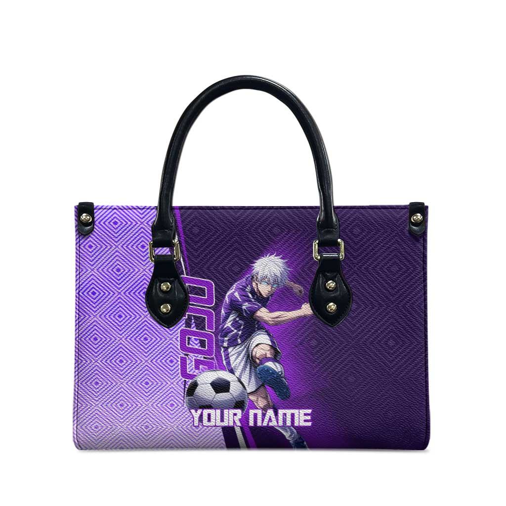 Personalized Gojo Satoru Jujutsu Kaisen Soccer Theme Leather Bag with Kicking Pose and Purple Gradient Geometric Graphic Design - The Mazicc