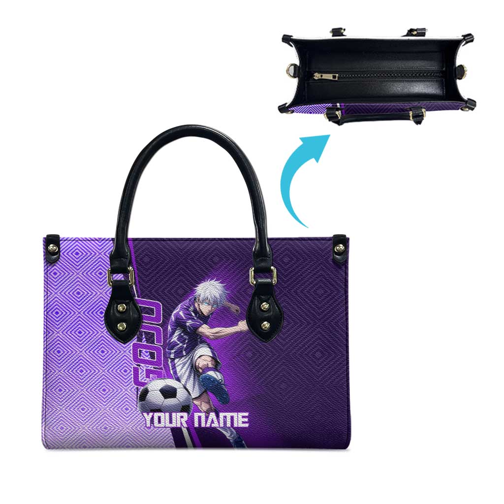 Personalized Gojo Satoru Jujutsu Kaisen Soccer Theme Leather Bag with Kicking Pose and Purple Gradient Geometric Graphic Design - The Mazicc