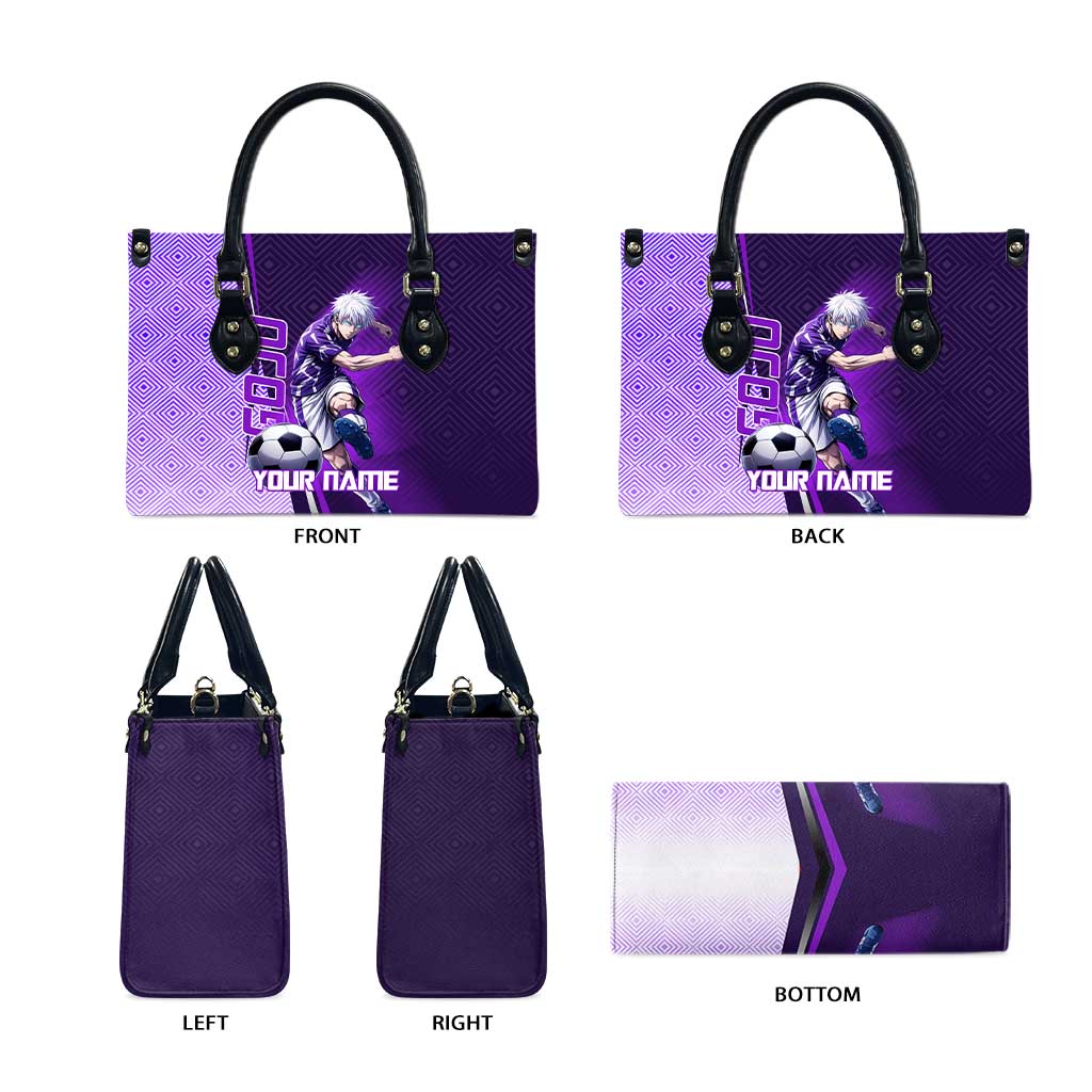 Personalized Gojo Satoru Jujutsu Kaisen Soccer Theme Leather Bag with Kicking Pose and Purple Gradient Geometric Graphic Design - The Mazicc