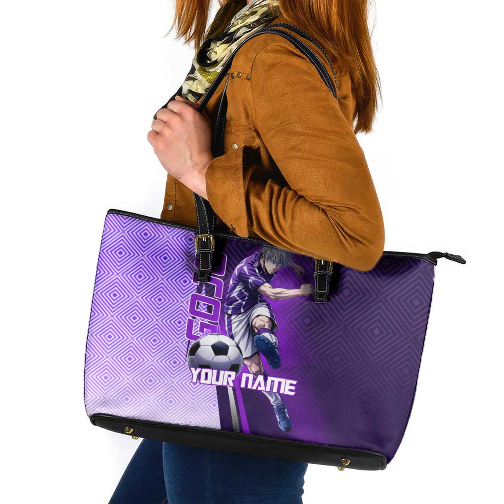 Personalized Gojo Satoru Jujutsu Kaisen Soccer Theme Leather Tote Bag with Kicking Pose and Purple Gradient Geometric Graphic Design - The Mazicc