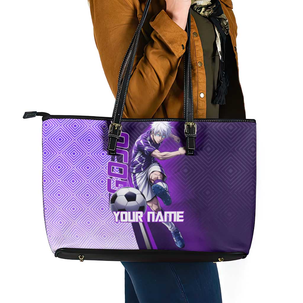 Personalized Gojo Satoru Jujutsu Kaisen Soccer Theme Leather Tote Bag with Kicking Pose and Purple Gradient Geometric Graphic Design - The Mazicc