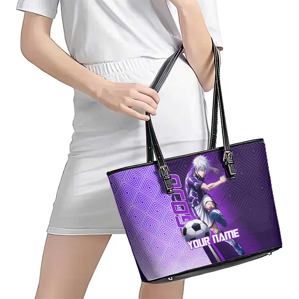 Personalized Gojo Satoru Jujutsu Kaisen Soccer Theme Leather Tote Bag with Kicking Pose and Purple Gradient Geometric Graphic Design - The Mazicc
