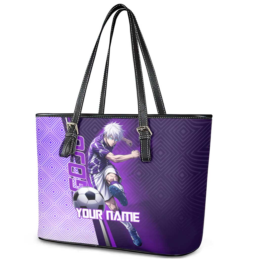 Personalized Gojo Satoru Jujutsu Kaisen Soccer Theme Leather Tote Bag with Kicking Pose and Purple Gradient Geometric Graphic Design - The Mazicc