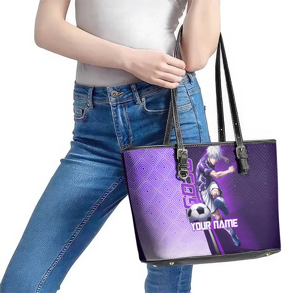 Personalized Gojo Satoru Jujutsu Kaisen Soccer Theme Leather Tote Bag with Kicking Pose and Purple Gradient Geometric Graphic Design - The Mazicc