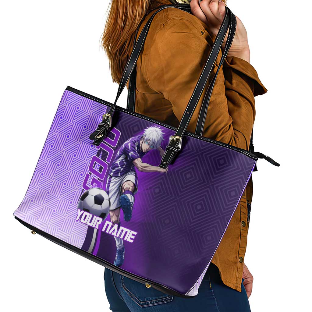 Personalized Gojo Satoru Jujutsu Kaisen Soccer Theme Leather Tote Bag with Kicking Pose and Purple Gradient Geometric Graphic Design - The Mazicc