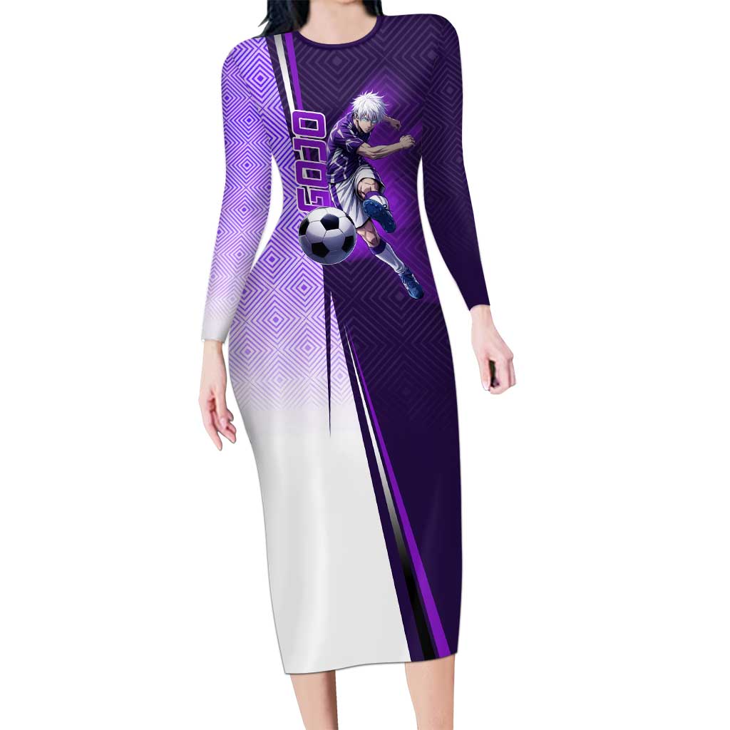 Personalized Gojo Satoru Jujutsu Kaisen Soccer Theme Long Sleeve Bodycon Dress with Kicking Pose and Purple Gradient Geometric Graphic Design - The Mazicc