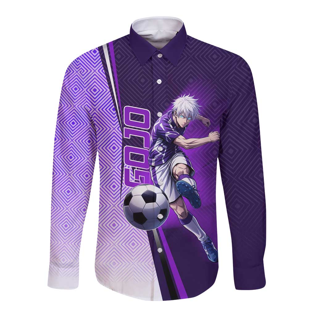 Personalized Gojo Satoru Jujutsu Kaisen Soccer Theme Long Sleeve Button Shirt with Kicking Pose and Purple Gradient Geometric Graphic Design - The Mazicc