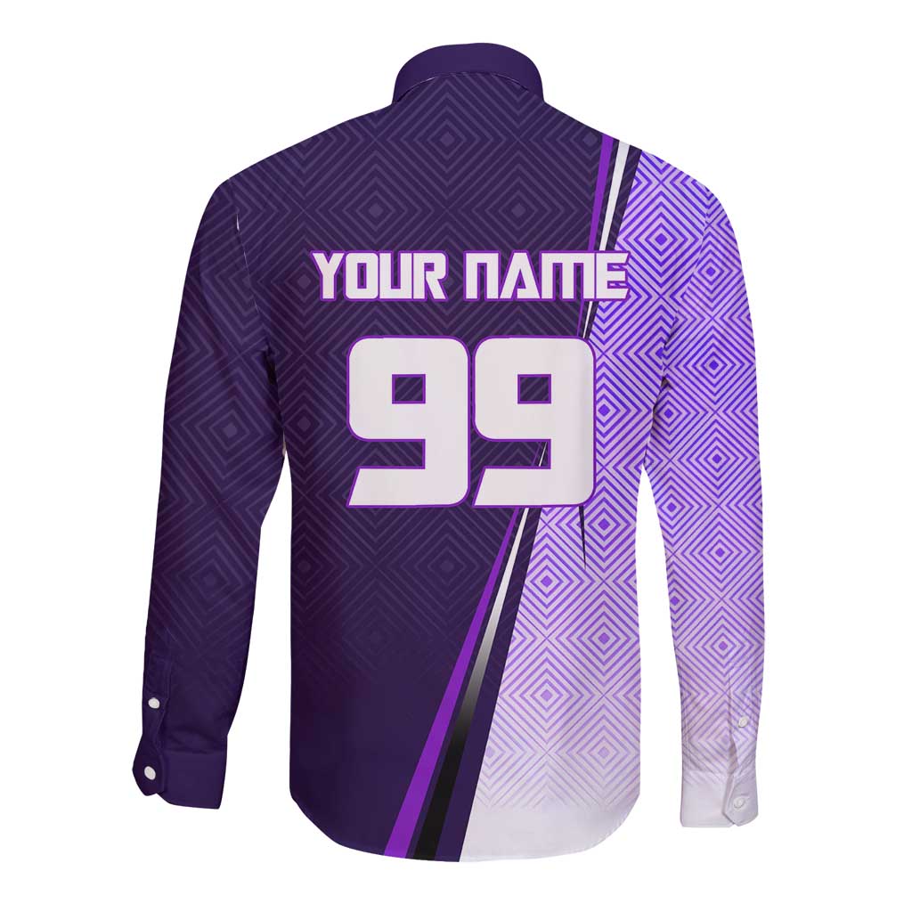 Personalized Gojo Satoru Jujutsu Kaisen Soccer Theme Long Sleeve Button Shirt with Kicking Pose and Purple Gradient Geometric Graphic Design - The Mazicc