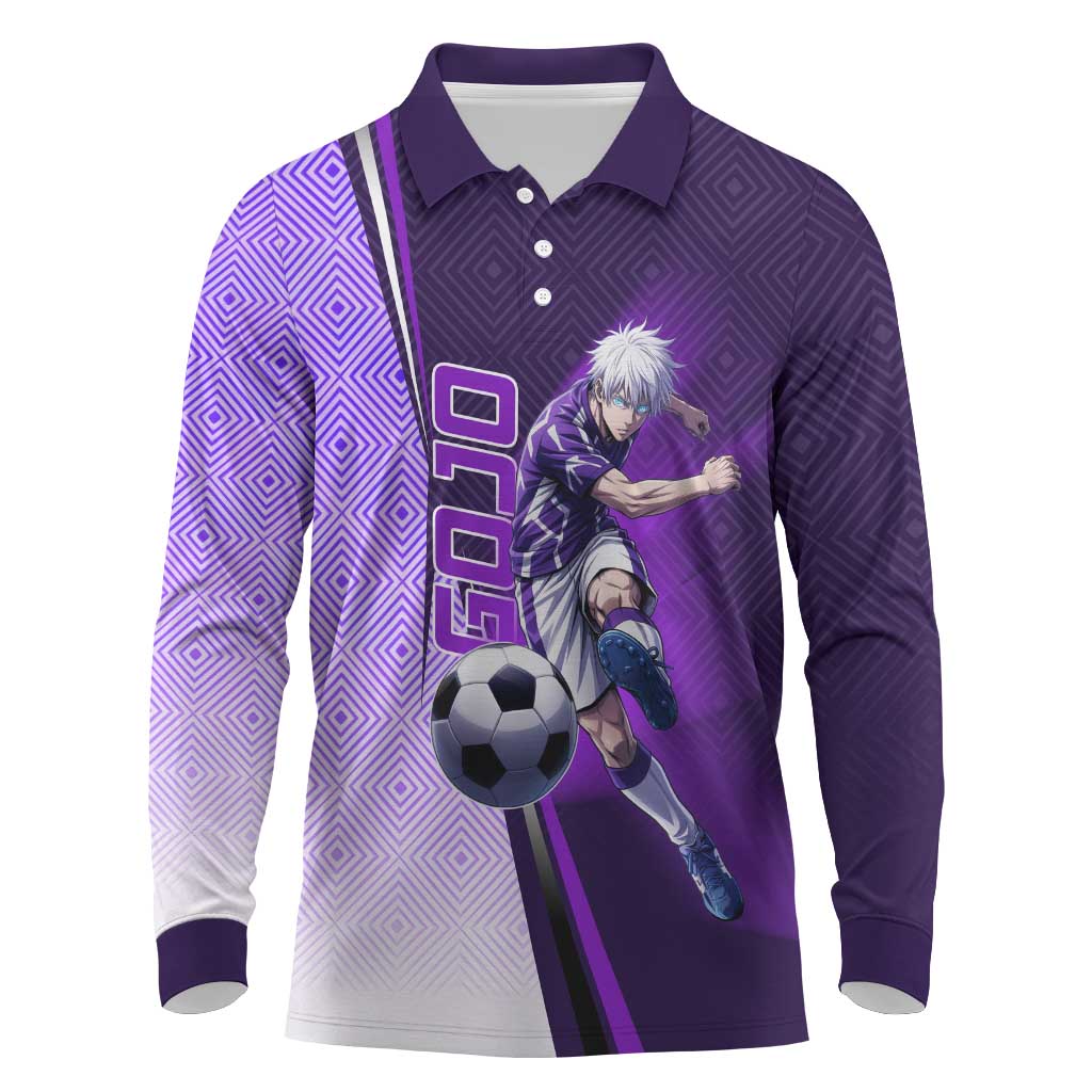 Personalized Gojo Satoru Jujutsu Kaisen Soccer Theme Long Sleeve Polo Shirt with Kicking Pose and Purple Gradient Geometric Graphic Design - The Mazicc