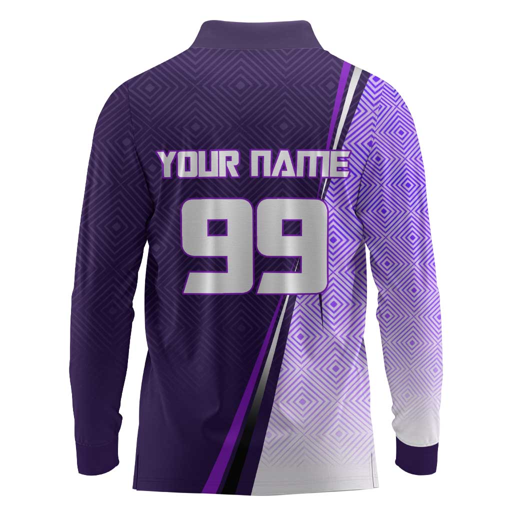 Personalized Gojo Satoru Jujutsu Kaisen Soccer Theme Long Sleeve Polo Shirt with Kicking Pose and Purple Gradient Geometric Graphic Design - The Mazicc