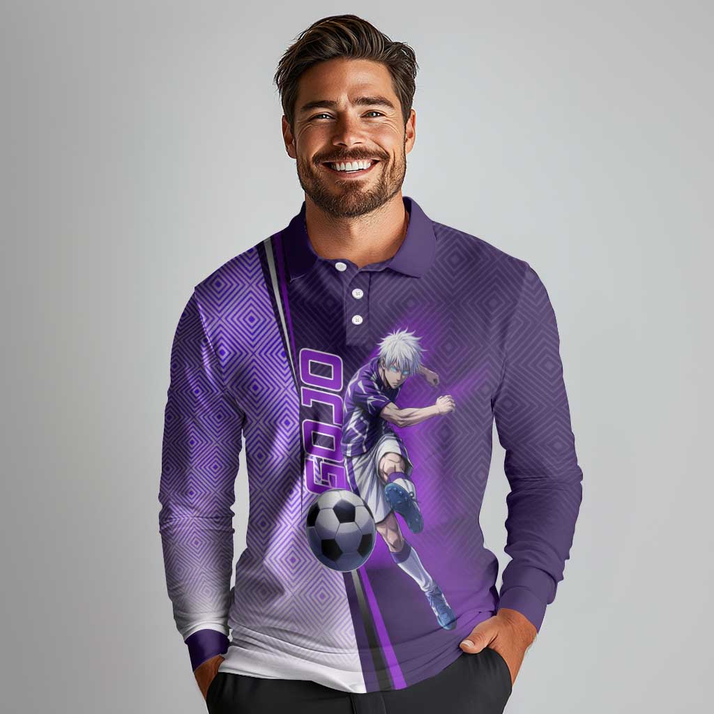 Personalized Gojo Satoru Jujutsu Kaisen Soccer Theme Long Sleeve Polo Shirt with Kicking Pose and Purple Gradient Geometric Graphic Design - The Mazicc