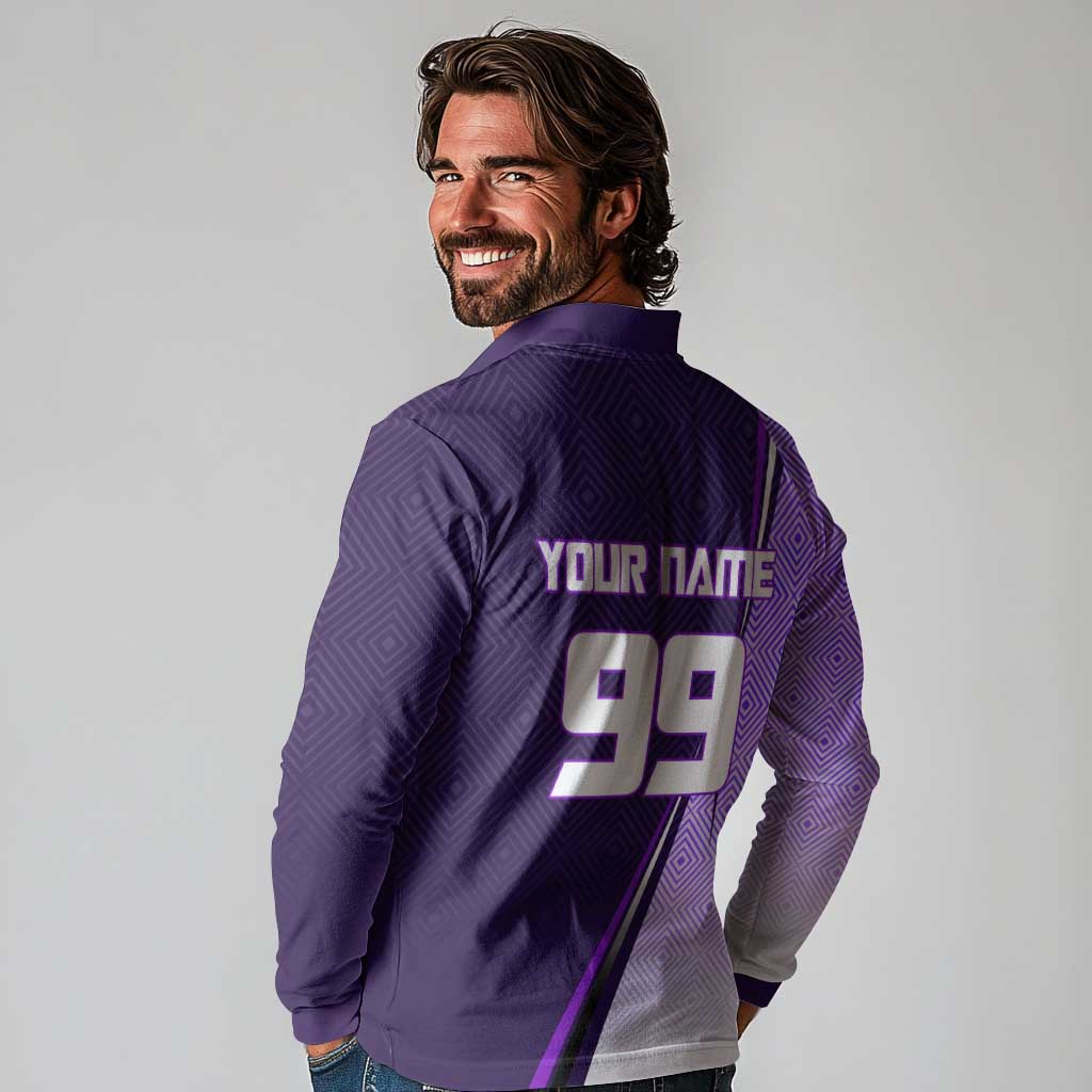 Personalized Gojo Satoru Jujutsu Kaisen Soccer Theme Long Sleeve Polo Shirt with Kicking Pose and Purple Gradient Geometric Graphic Design - The Mazicc
