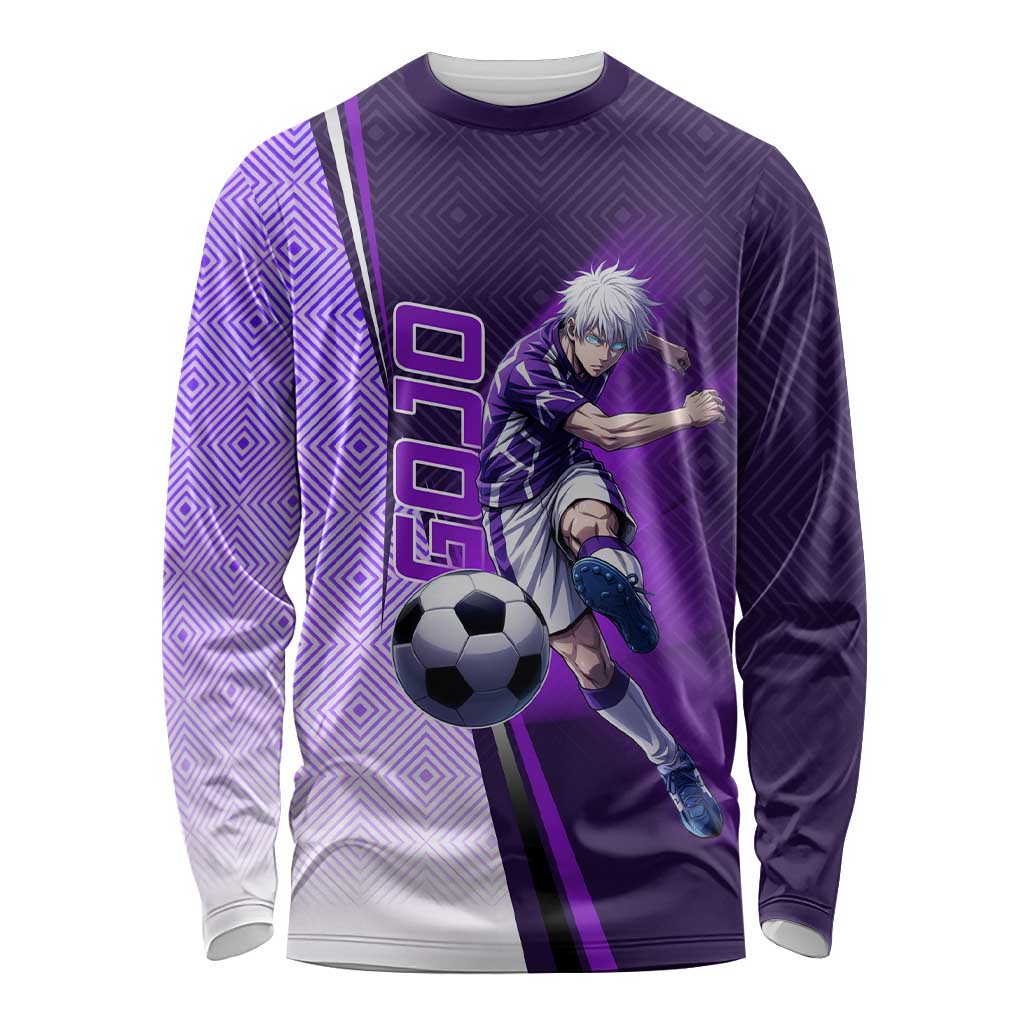 Personalized Gojo Satoru Jujutsu Kaisen Soccer Theme Long Sleeve Shirt with Kicking Pose and Purple Gradient Geometric Graphic Design - The Mazicc