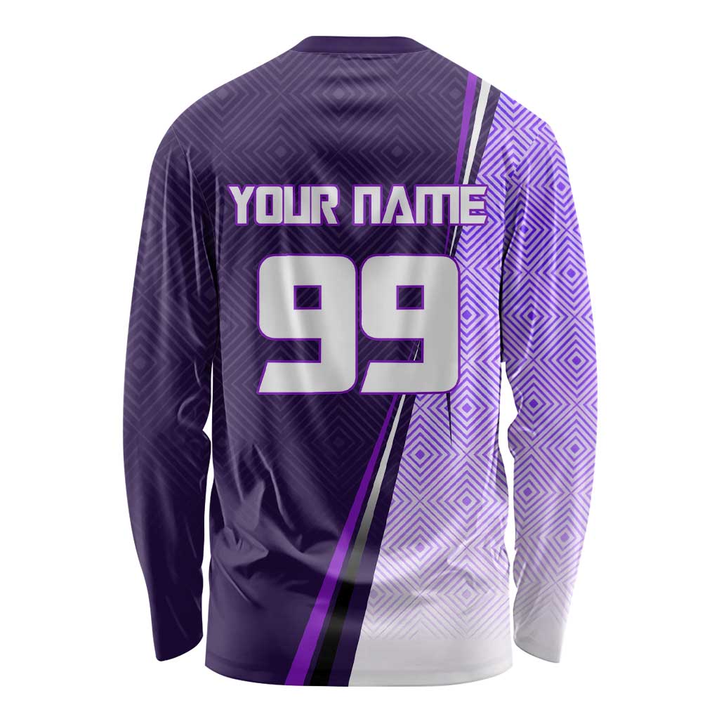 Personalized Gojo Satoru Jujutsu Kaisen Soccer Theme Long Sleeve Shirt with Kicking Pose and Purple Gradient Geometric Graphic Design - The Mazicc